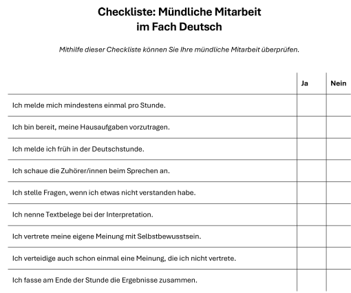 Vorschau: Checkliste mündliche Mitarbeit im Fach Deutsch, Oberstufe