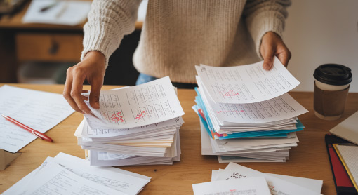 Lehrerin zählt Klassenarbeiten